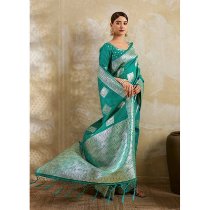 Generic Women's Silk Blend Printed Saree With Unstitched Blouse 5.5Mtr (Sea Green)
