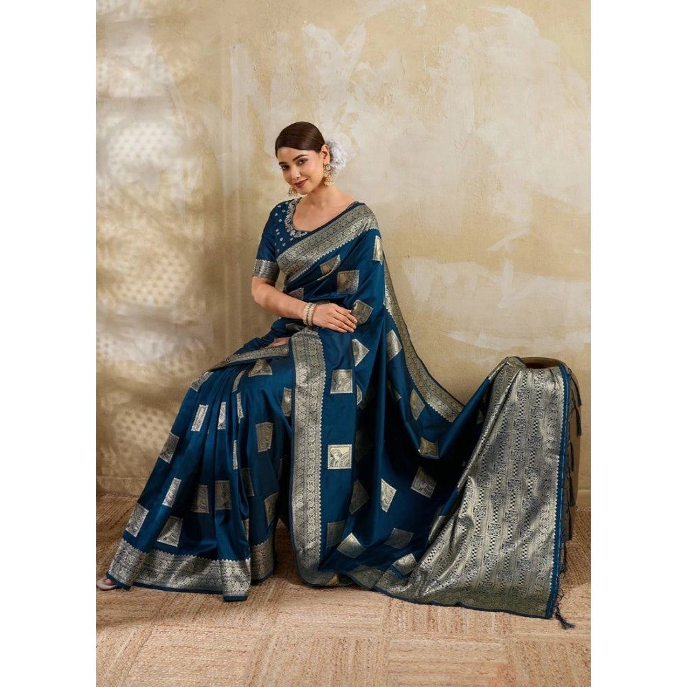 Generic Women's Silk Blend Printed Saree With Unstitched Blouse 5.5Mtr (Teal Blue)