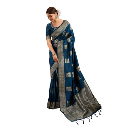 Generic Women's Silk Blend Printed Saree With Unstitched Blouse 5.5Mtr (Teal Blue)