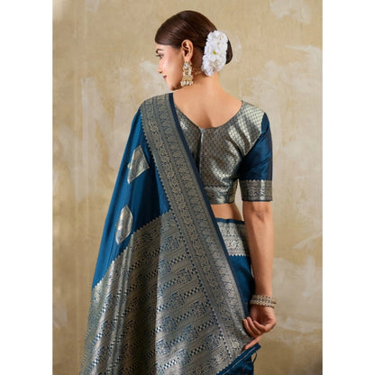 Generic Women's Silk Blend Printed Saree With Unstitched Blouse 5.5Mtr (Teal Blue)