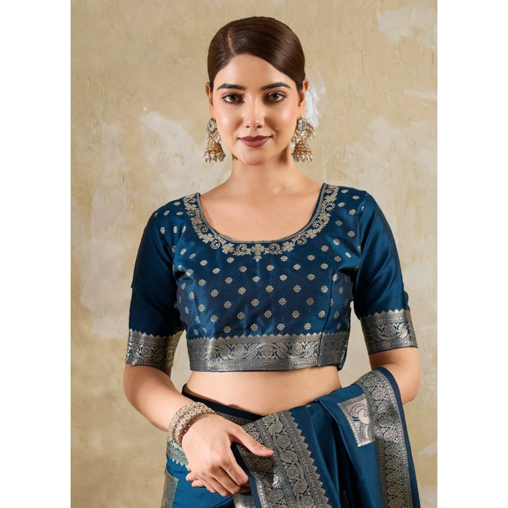 Generic Women's Silk Blend Printed Saree With Unstitched Blouse 5.5Mtr (Teal Blue)