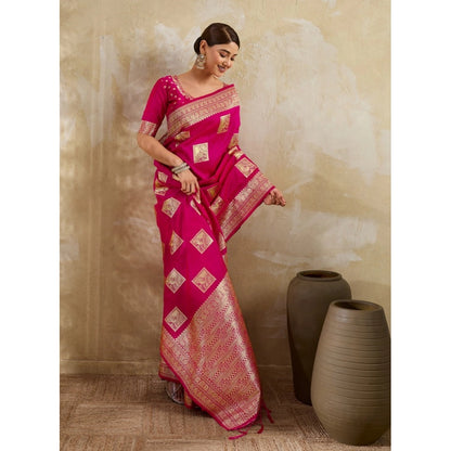Generic Women's Silk Blend Printed Saree With Unstitched Blouse 5.5Mtr (Magenta)