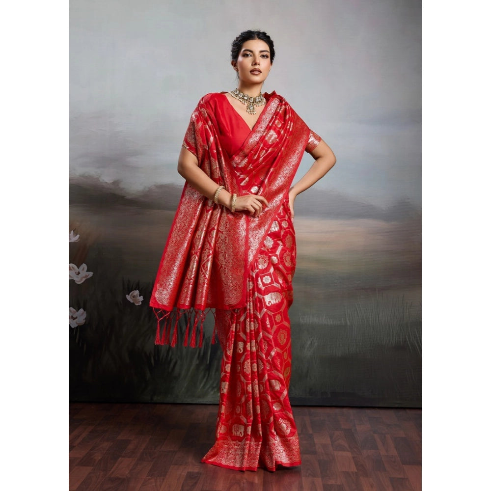Generic Women's Silk Blend Printed Saree With Unstitched Blouse 5.5Mtr (Red)