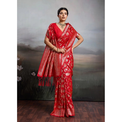 Generic Women's Silk Blend Printed Saree With Unstitched Blouse 5.5Mtr (Red)