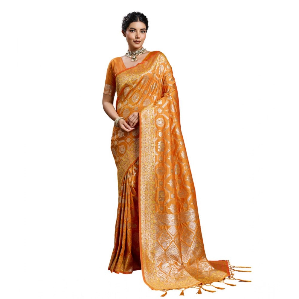 Generic Women's Silk Blend Printed Saree With Unstitched Blouse 5.5Mtr (Orange)