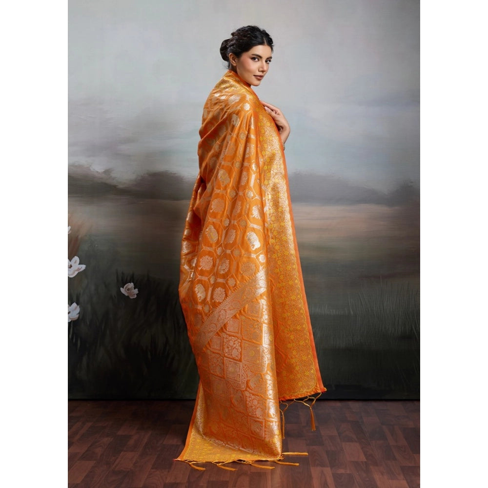 Generic Women's Silk Blend Printed Saree With Unstitched Blouse 5.5Mtr (Orange)