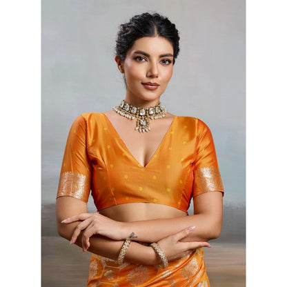 Generic Women's Silk Blend Printed Saree With Unstitched Blouse 5.5Mtr (Orange)