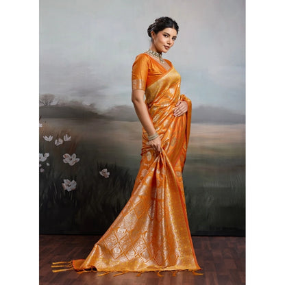 Generic Women's Silk Blend Printed Saree With Unstitched Blouse 5.5Mtr (Orange)