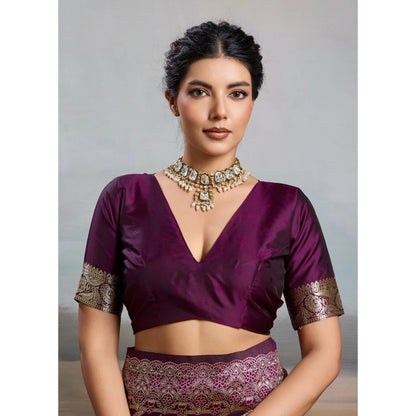 Generic Women's Silk Blend Printed Saree With Unstitched Blouse 5.5Mtr (Wine)