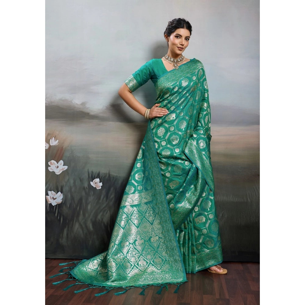 Generic Women's Silk Blend Printed Saree With Unstitched Blouse 5.5Mtr (Rama Green)