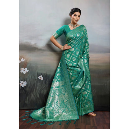 Generic Women's Silk Blend Printed Saree With Unstitched Blouse 5.5Mtr (Rama Green)