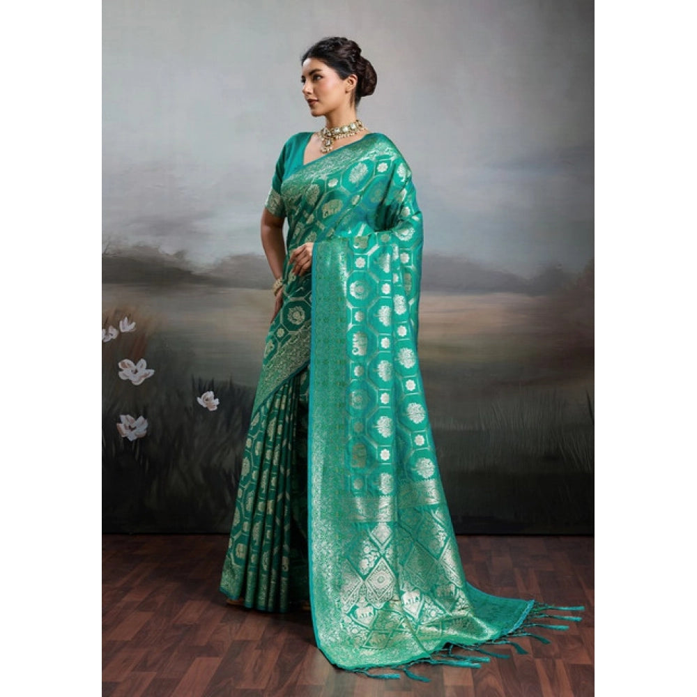 Generic Women's Silk Blend Printed Saree With Unstitched Blouse 5.5Mtr (Rama Green)