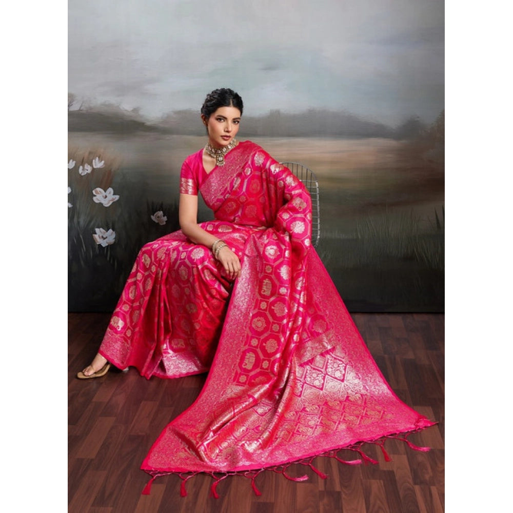 Generic Women's Silk Blend Printed Saree With Unstitched Blouse 5.5Mtr (Pink)