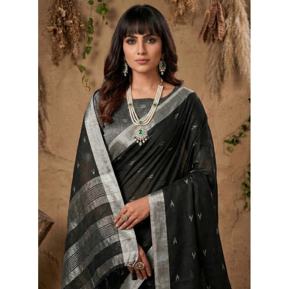 Generic Women's Linen Cotton Printed Saree With Unstitched Blouse 5.5Mtr (Black)