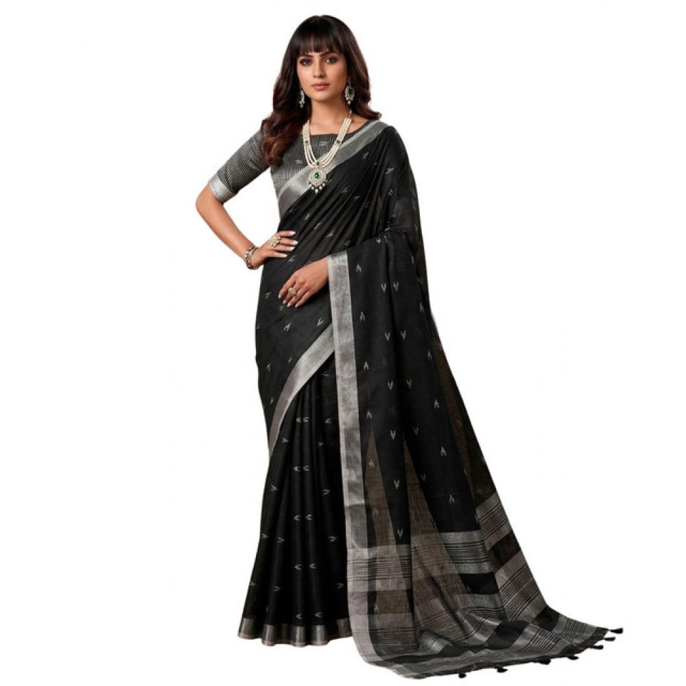 Generic Women's Linen Cotton Printed Saree With Unstitched Blouse 5.5Mtr (Black)