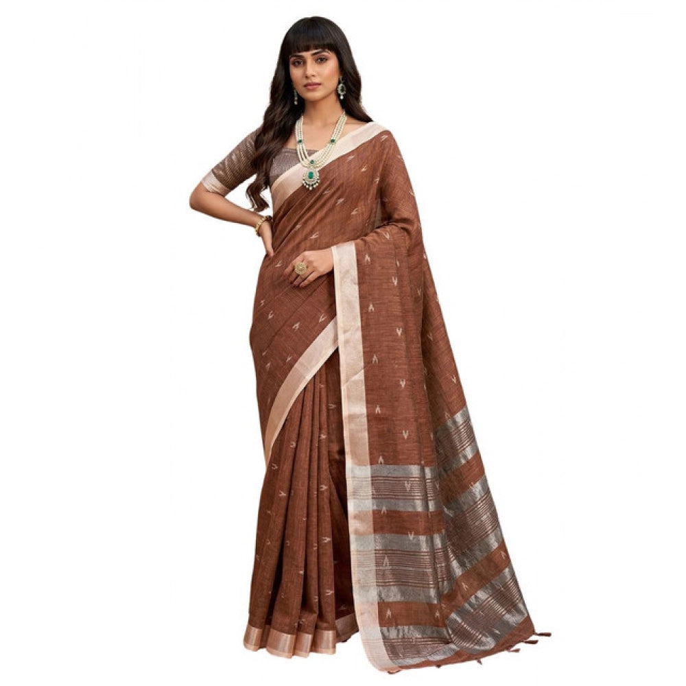 Generic Women's Linen Cotton Printed Saree With Unstitched Blouse 5.5Mtr (Brown)