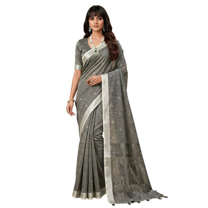 Generic Women's Linen Cotton Printed Saree With Unstitched Blouse 5.5Mtr (Gray)