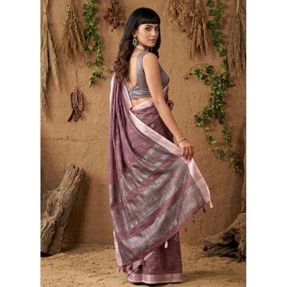 Generic Women's Linen Cotton Printed Saree With Unstitched Blouse 5.5Mtr (Purple)