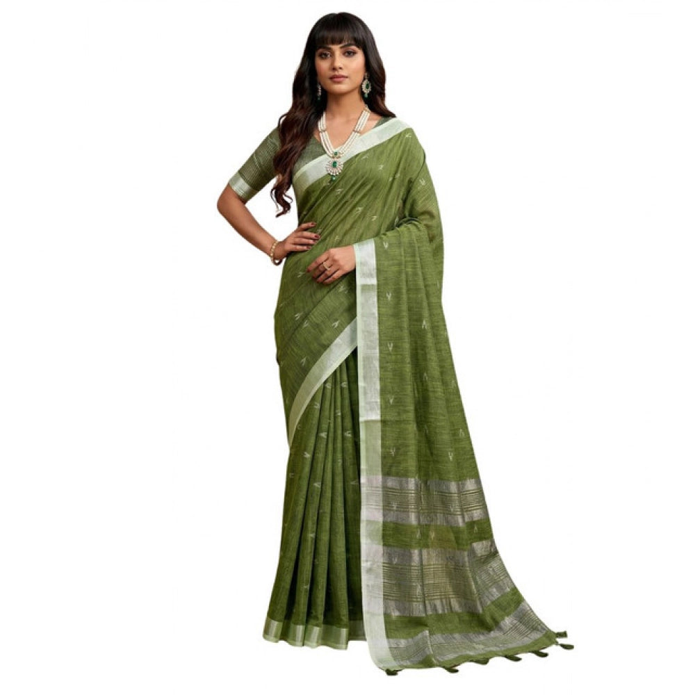 Generic Women's Linen Cotton Printed Saree With Unstitched Blouse 5.5Mtr (Green)
