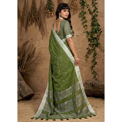 Generic Women's Linen Cotton Printed Saree With Unstitched Blouse 5.5Mtr (Green)