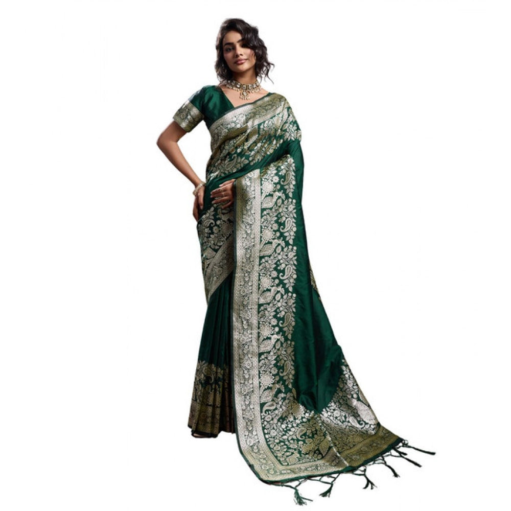Generic Women's Silk Blend Printed Saree With Unstitched Blouse 5.5Mtr (Dark Green)