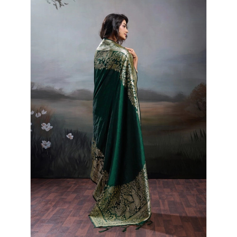 Generic Women's Silk Blend Printed Saree With Unstitched Blouse 5.5Mtr (Dark Green)
