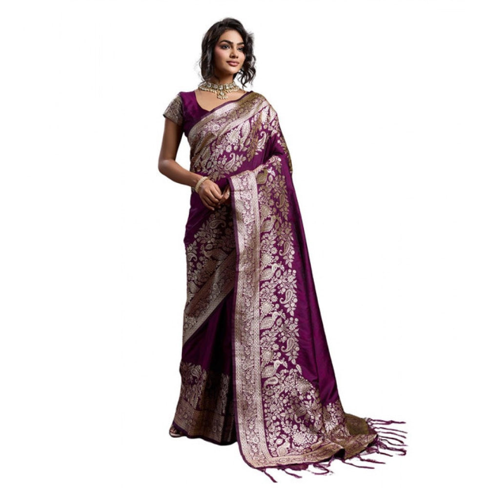 Generic Women's Silk Blend Printed Saree With Unstitched Blouse 5.5Mtr (Wine)