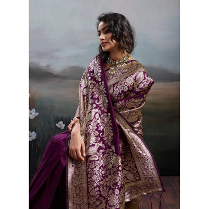 Generic Women's Silk Blend Printed Saree With Unstitched Blouse 5.5Mtr (Wine)