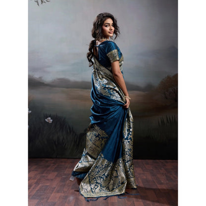 Generic Women's Silk Blend Printed Saree With Unstitched Blouse 5.5Mtr (Navy Blue)