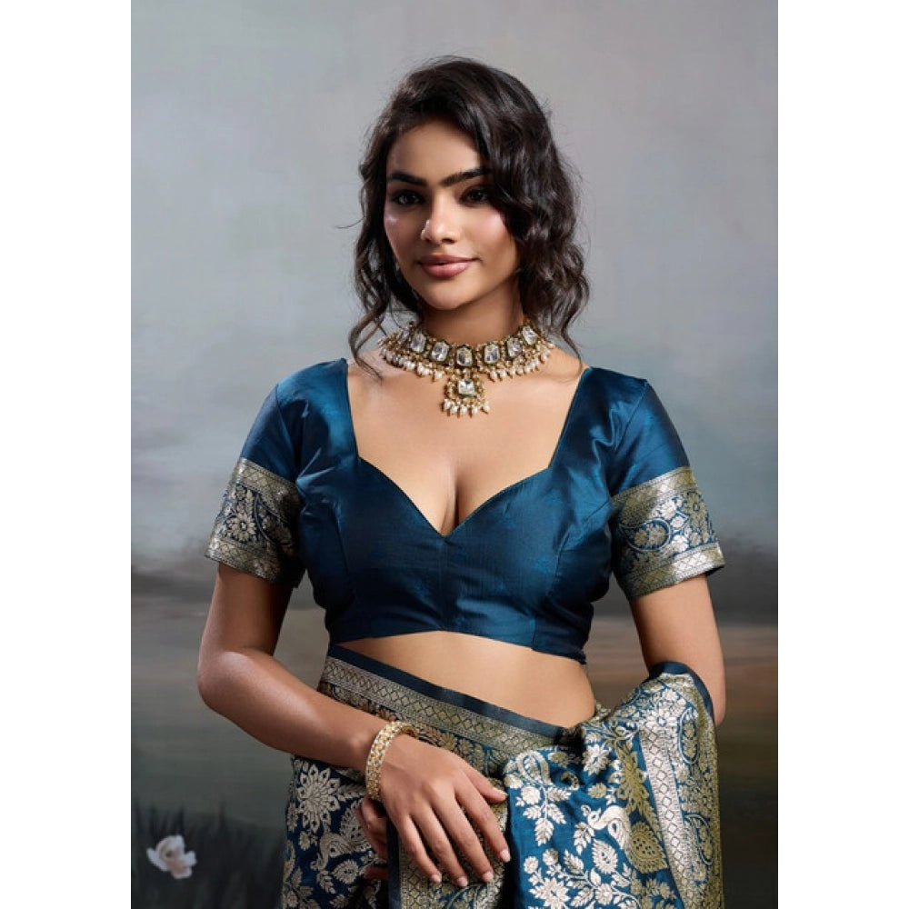 Generic Women's Silk Blend Printed Saree With Unstitched Blouse 5.5Mtr (Navy Blue)