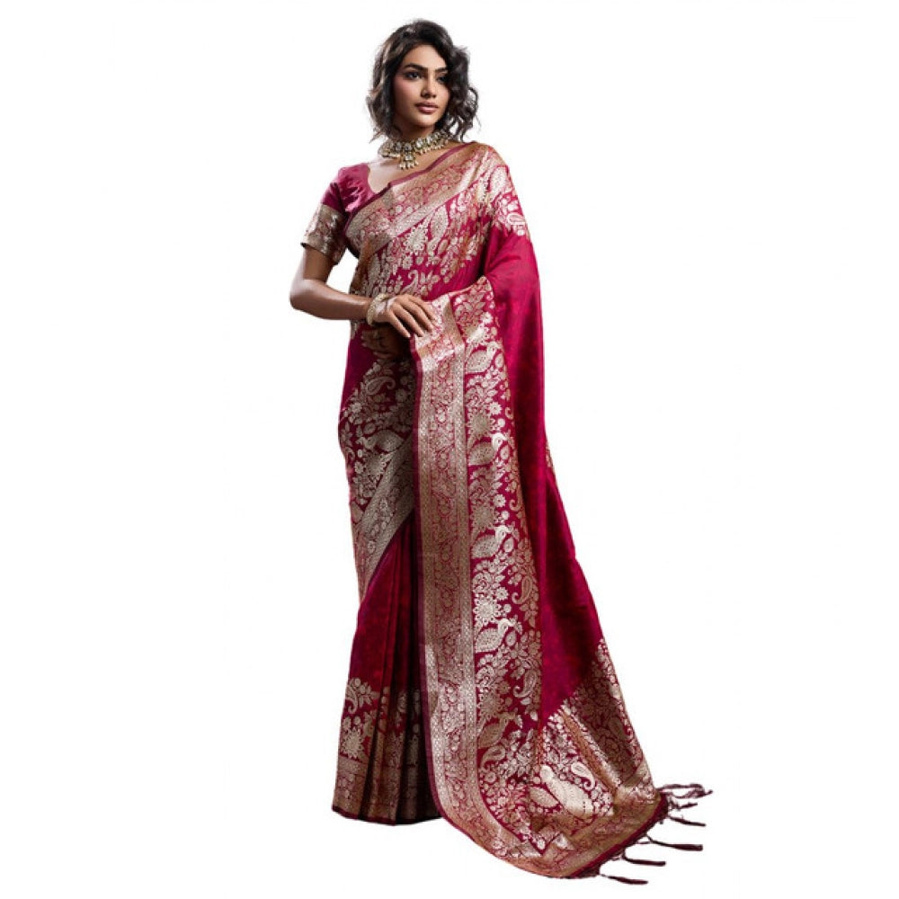 Generic Women's Silk Blend Printed Saree With Unstitched Blouse 5.5Mtr (Maroon)