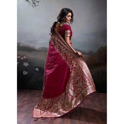 Generic Women's Silk Blend Printed Saree With Unstitched Blouse 5.5Mtr (Maroon)