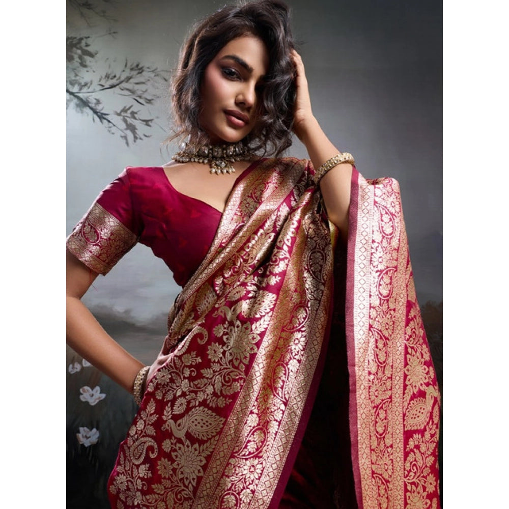 Generic Women's Silk Blend Printed Saree With Unstitched Blouse 5.5Mtr (Maroon)