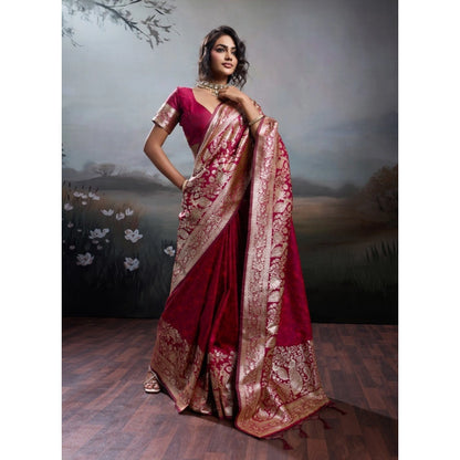 Generic Women's Silk Blend Printed Saree With Unstitched Blouse 5.5Mtr (Maroon)