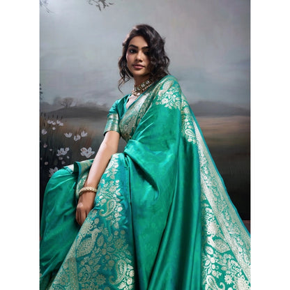 Generic Women's Silk Blend Printed Saree With Unstitched Blouse 5.5Mtr (Teal Green)