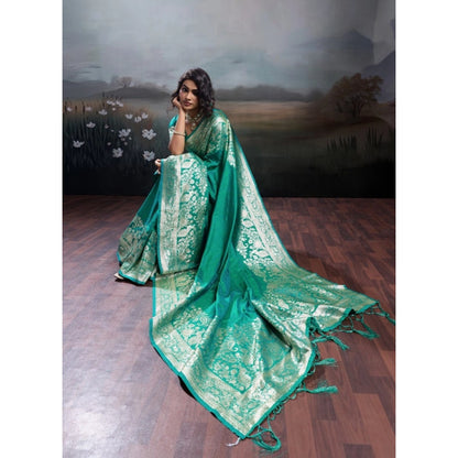 Generic Women's Silk Blend Printed Saree With Unstitched Blouse 5.5Mtr (Teal Green)