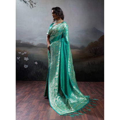 Generic Women's Silk Blend Printed Saree With Unstitched Blouse 5.5Mtr (Teal Green)