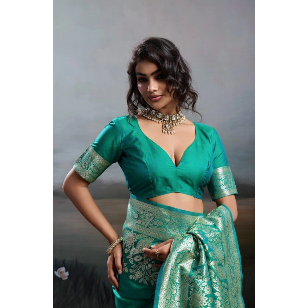 Generic Women's Silk Blend Printed Saree With Unstitched Blouse 5.5Mtr (Teal Green)