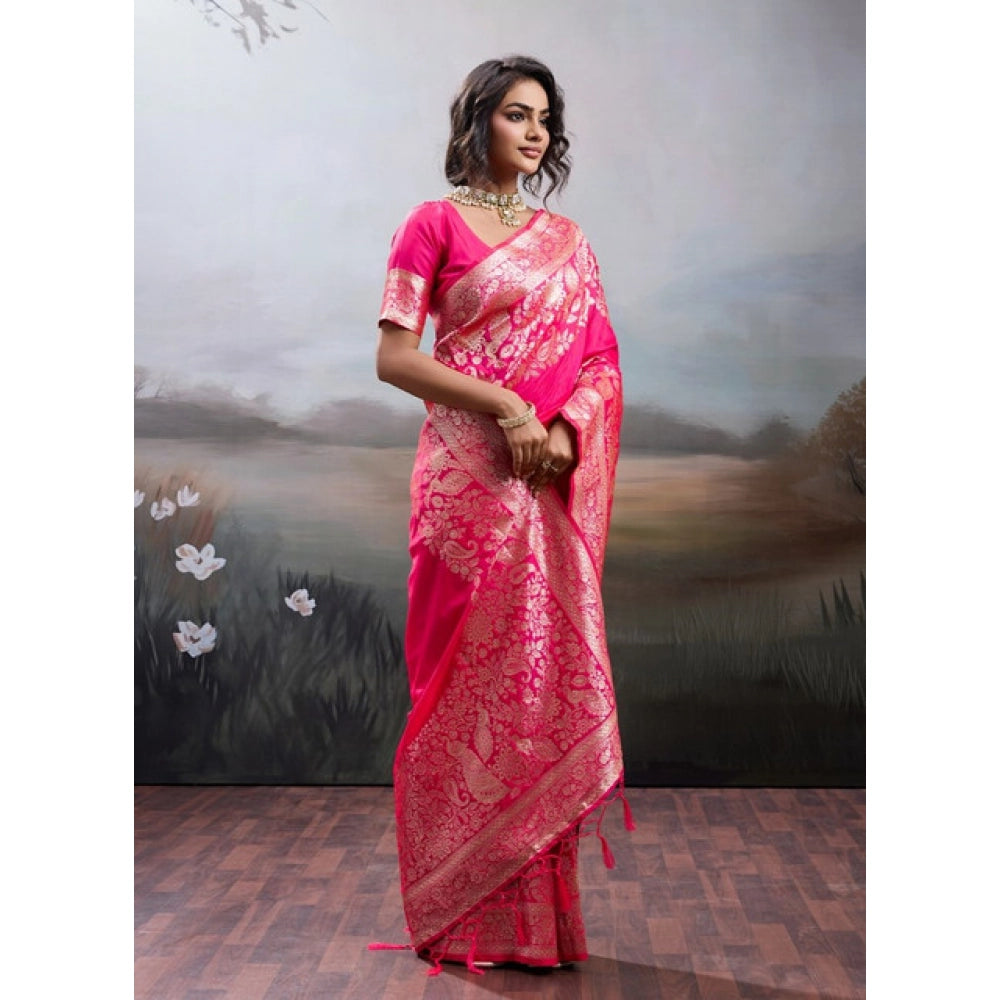 Generic Women's Silk Blend Printed Saree With Unstitched Blouse 5.5Mtr (Pink)