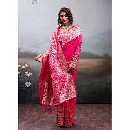 Generic Women's Silk Blend Printed Saree With Unstitched Blouse 5.5Mtr (Pink)