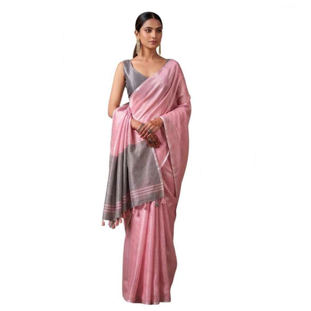 Generic Women's Tissue Silk Solid Saree With Unstitched Blouse 5.5Mtr (Baby Pink)