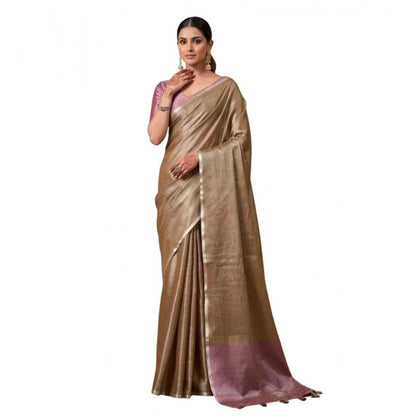 Generic Women's Tissue Silk Solid Saree With Unstitched Blouse 5.5Mtr (Brown)