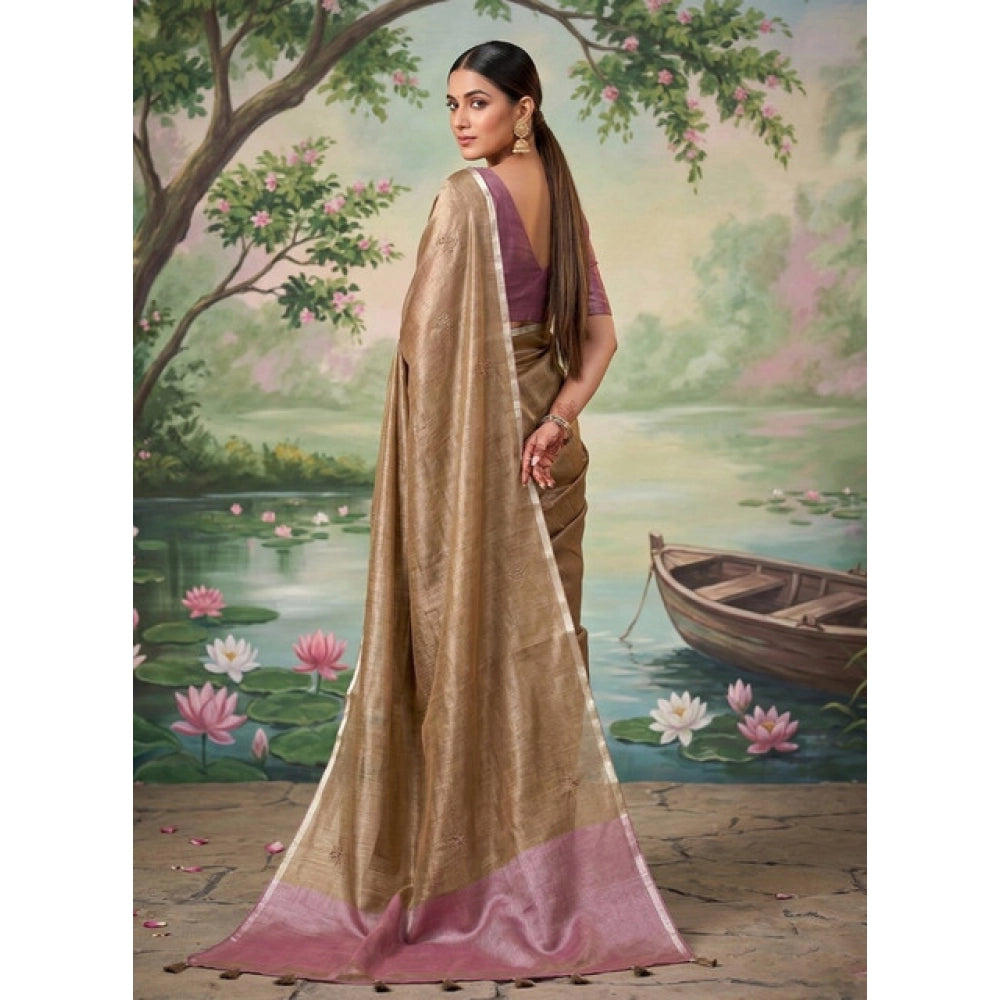 Generic Women's Tissue Silk Solid Saree With Unstitched Blouse 5.5Mtr (Brown)