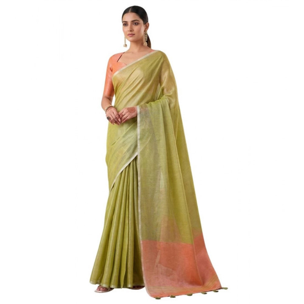 Generic Women's Tissue Silk Solid Saree With Unstitched Blouse 5.5Mtr (Green)