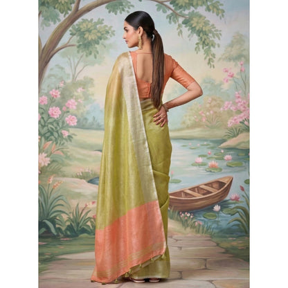 Generic Women's Tissue Silk Solid Saree With Unstitched Blouse 5.5Mtr (Green)