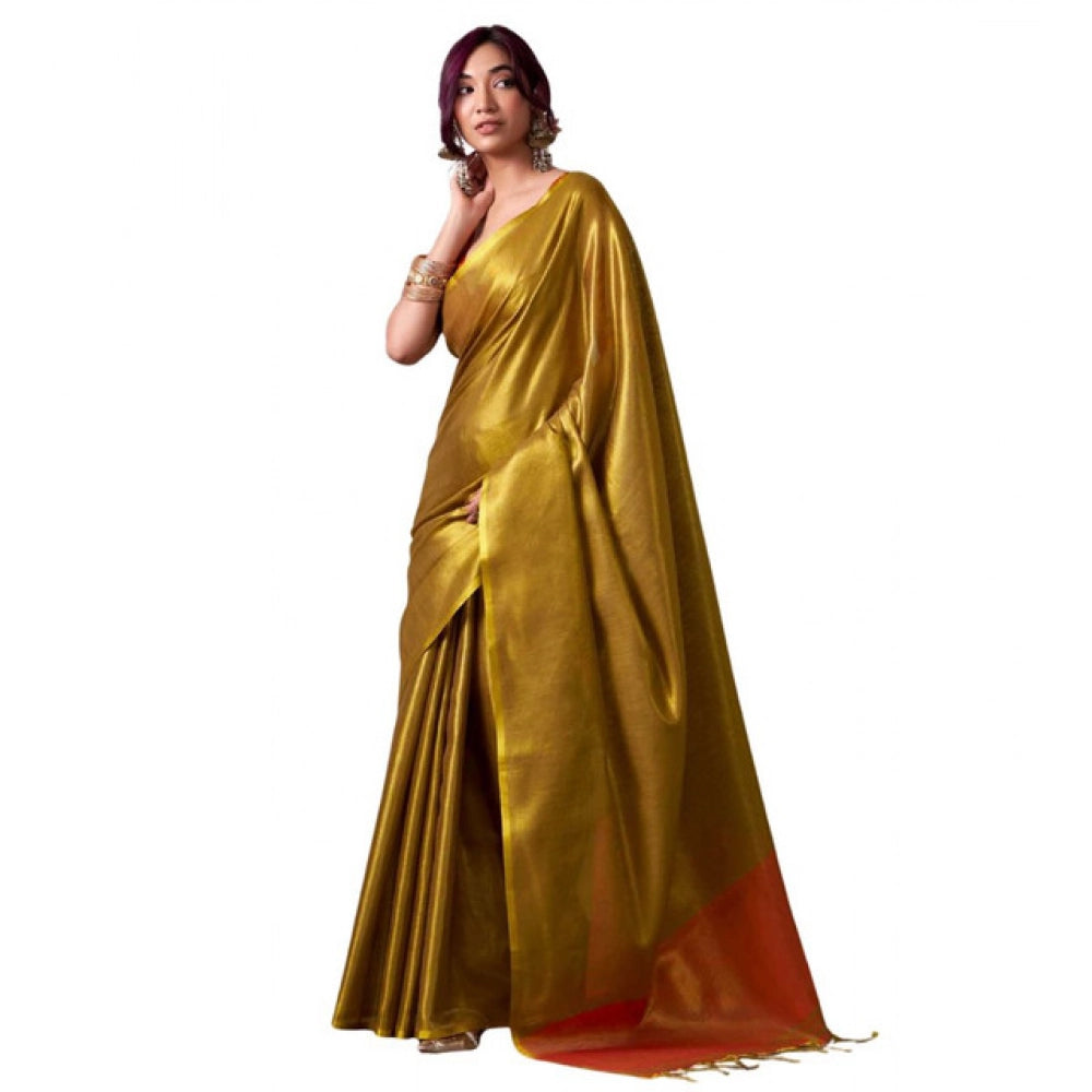 Generic Women's Tissue Silk Solid Saree With Unstitched Blouse 5.5Mtr (Mustard)