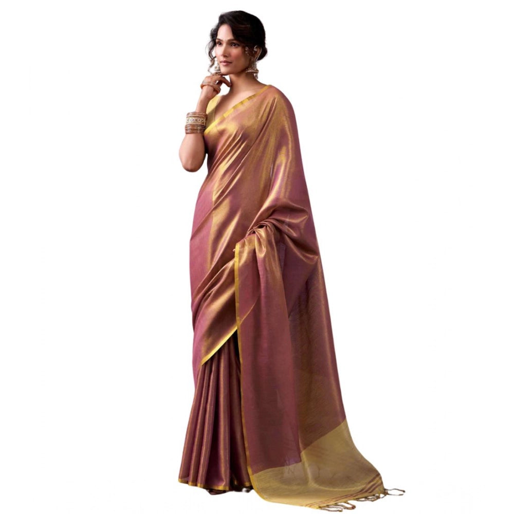 Generic Women's Tissue Silk Solid Saree With Unstitched Blouse 5.5Mtr (Purple)