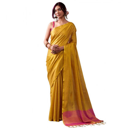 Generic Women's Tissue Silk Solid Saree With Unstitched Blouse 5.5Mtr (Yellow)