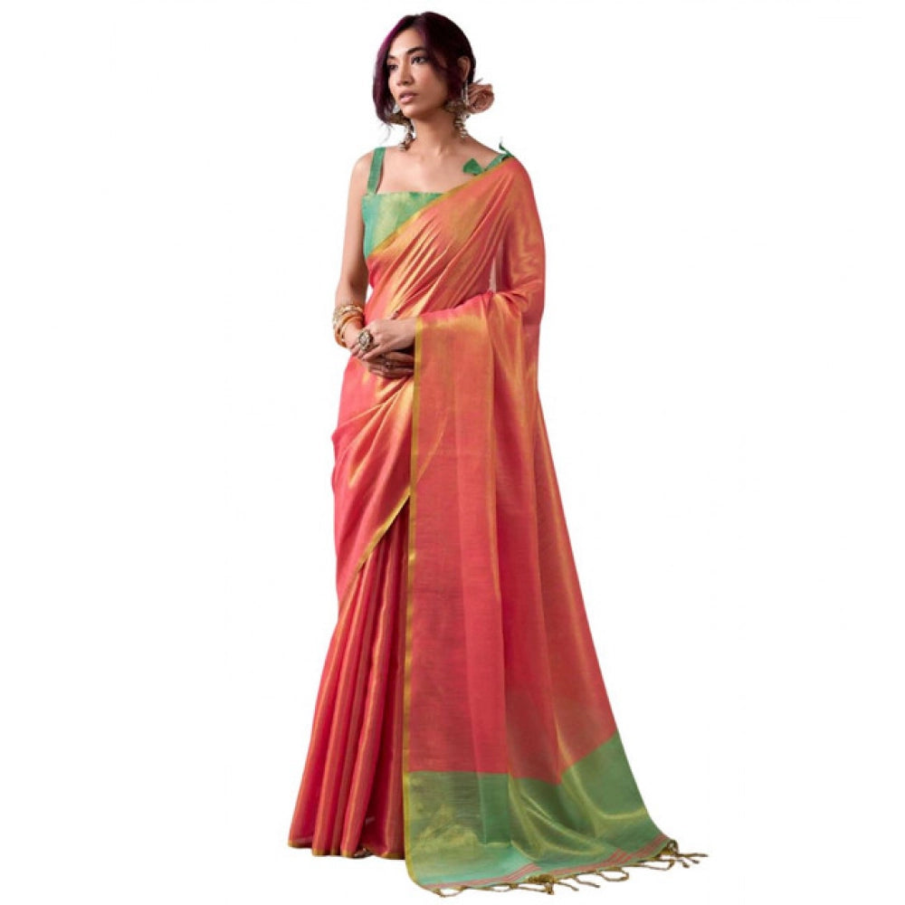 Generic Women's Tissue Silk Solid Saree With Unstitched Blouse 5.5Mtr (Peach)