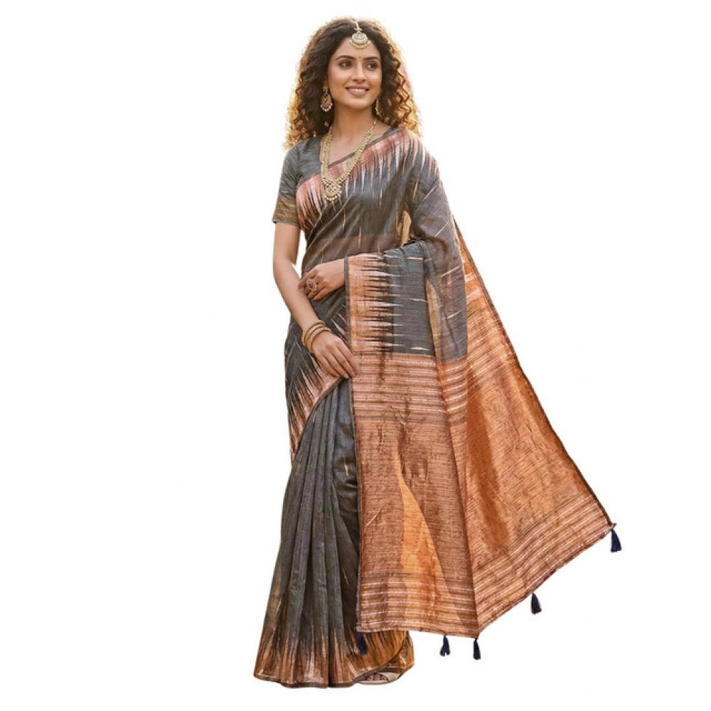 Generic Women's Linen Cotton Printed Saree With Unstitched Blouse 5.5Mtr (Grey)
